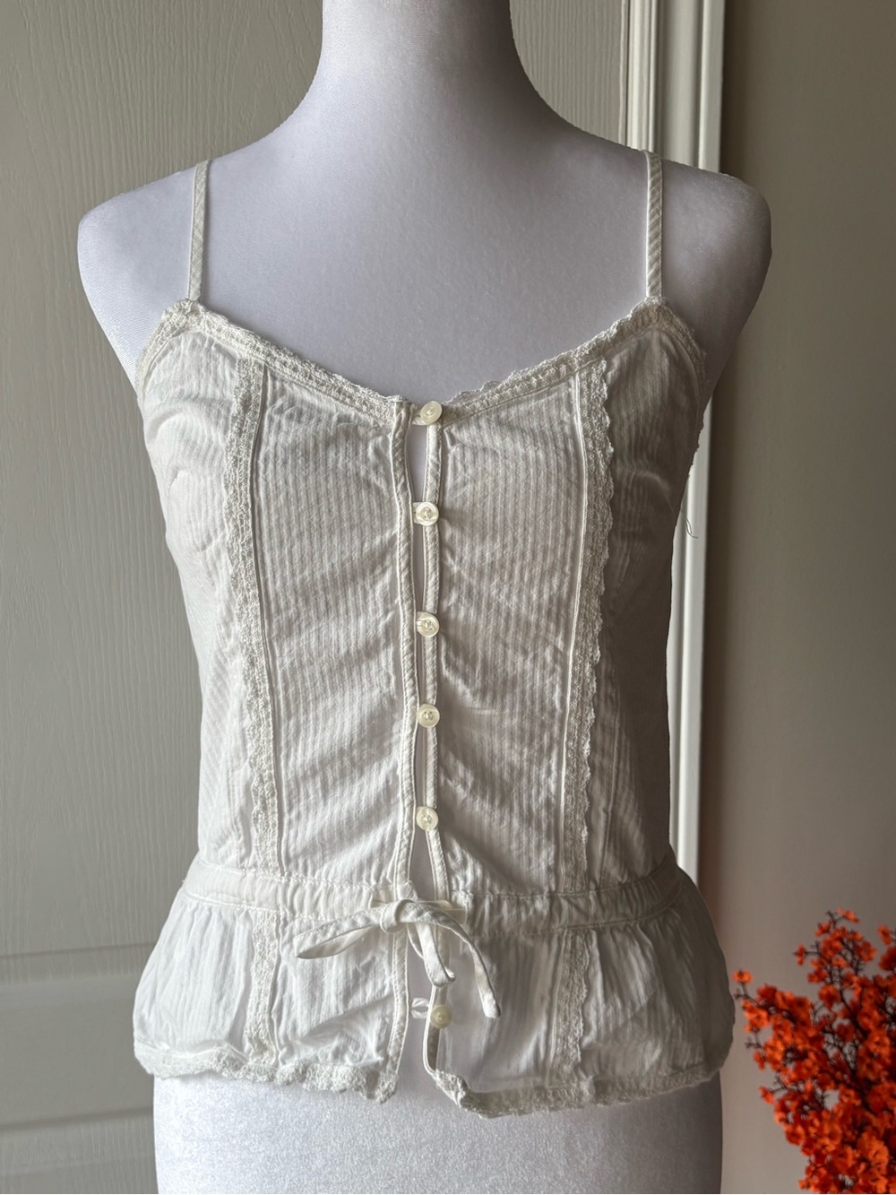 Brandy Melville Cream Lace-Trim Button Front Top